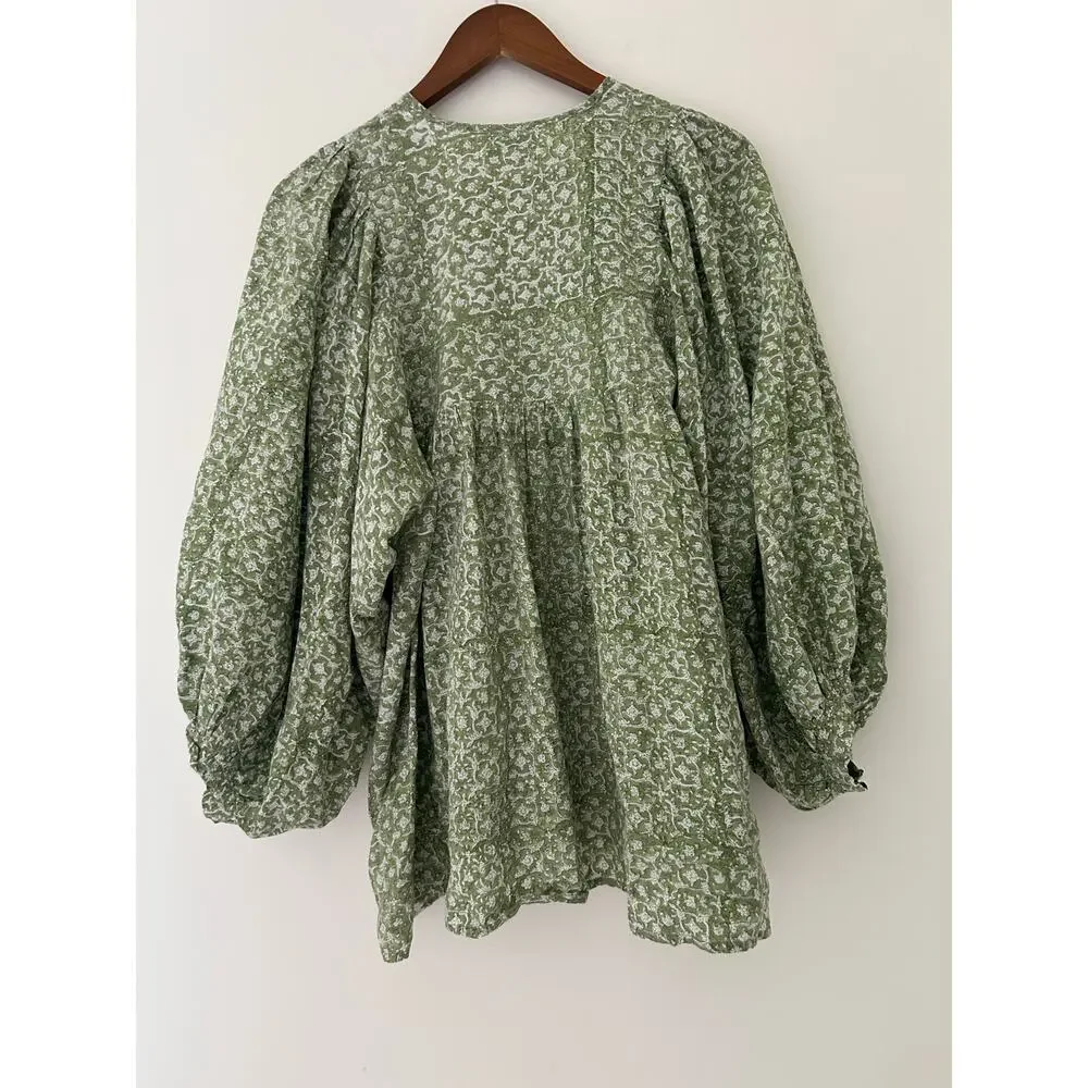 Mille Charlie Peasant Blouse Green Tie Front Cotton Green Block Print India XL - Picture 8 of 10